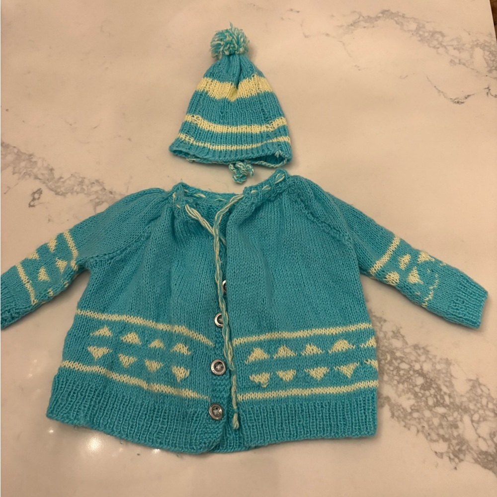 Teal and Cream Knit Cardigan Handmade Vintage